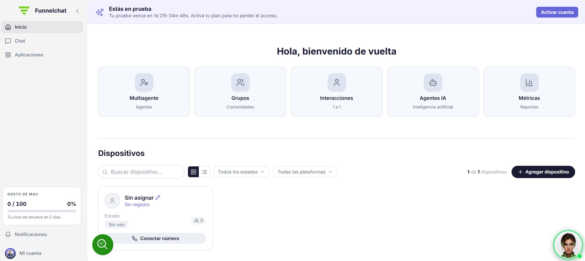 Panel de Funnelchat: multiagente, grupos, interacciones, agentes de IA y métricas