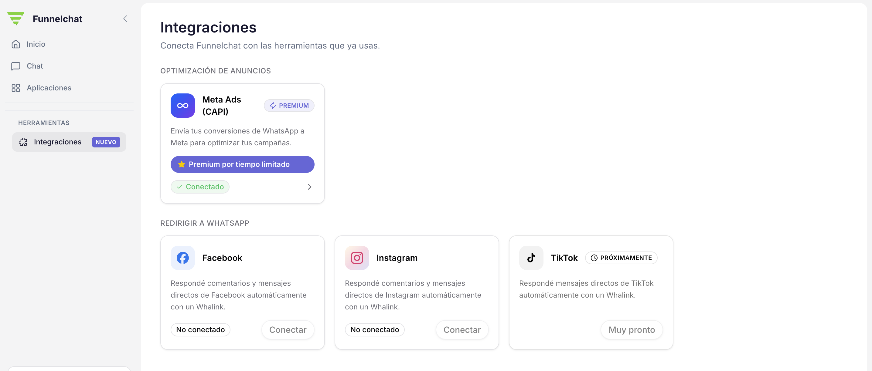 Panel de Funnelchat para crear reglas de eventos hacia Meta