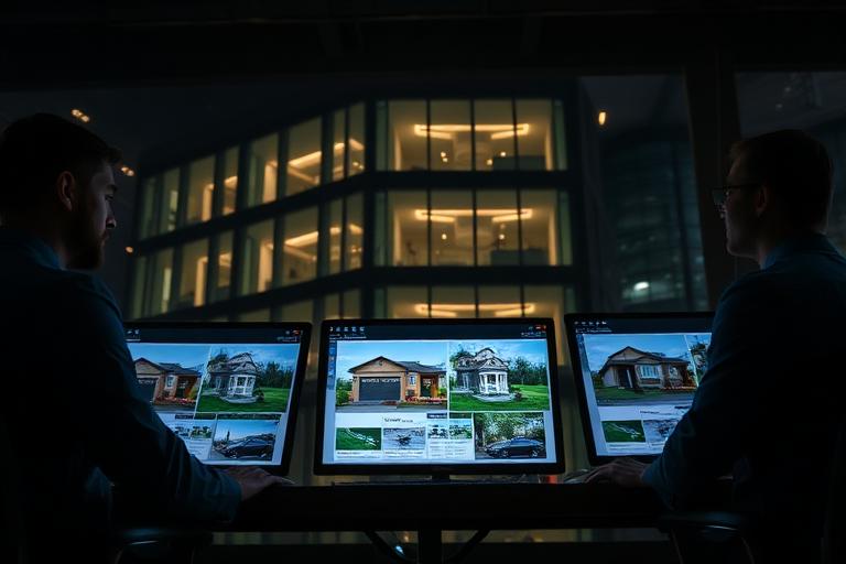 Equipo inmobiliario revisando propiedades en pantallas